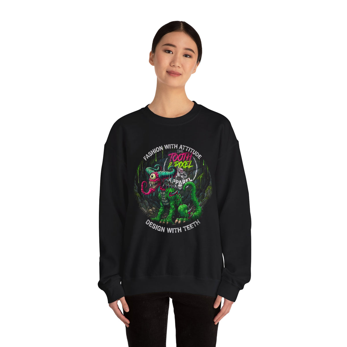 Tooth and Pixel- 'Ike'- Crewneck Sweatshirt — Cave Dwelling Green Cyclops with Logo.