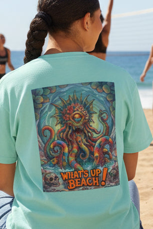 Tooth and Pixel - Beach Cthulhu T-Shirt — "What's Up Beach!" Graphic boxy Tee-Party joke, Hilarious