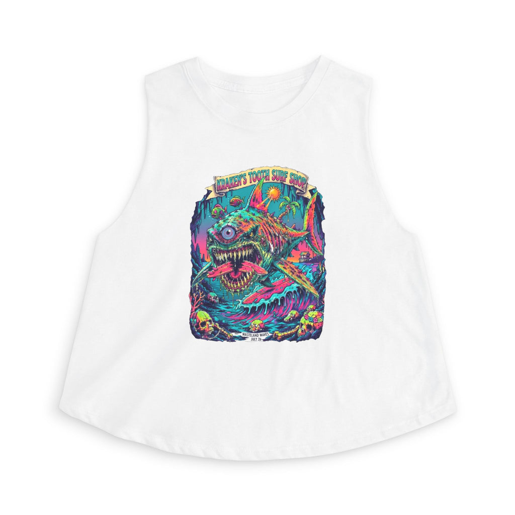 Tooth and Pixel- 'Kraken's Surf Shop'— Neon Neo punk surf, Shark, Monster Graphic Women's Crop Top.