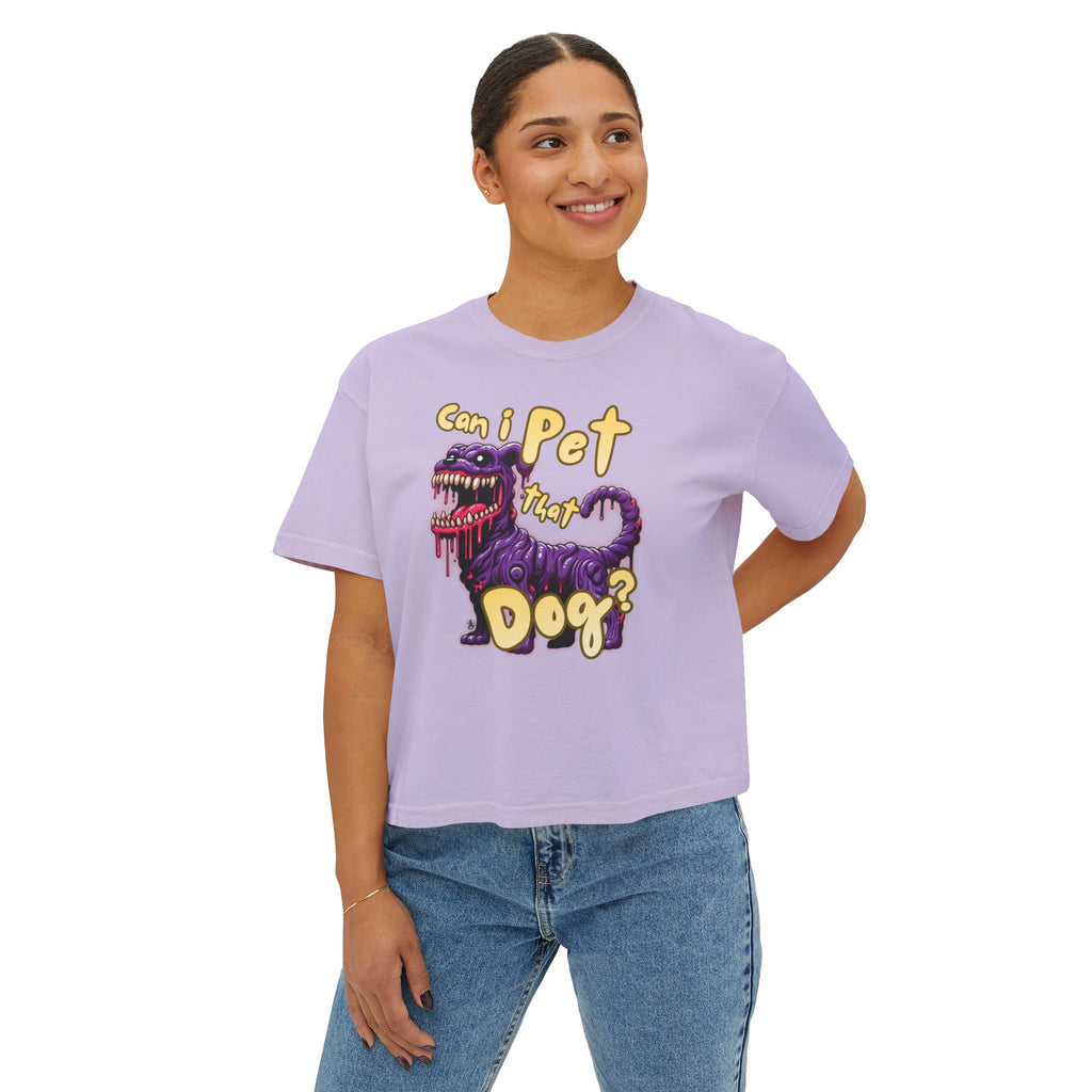 T&P- 'Can I Pet That Dog?'  Women's Boxy Tee – Cute yet Creepy Purple Monster Dog Graphic