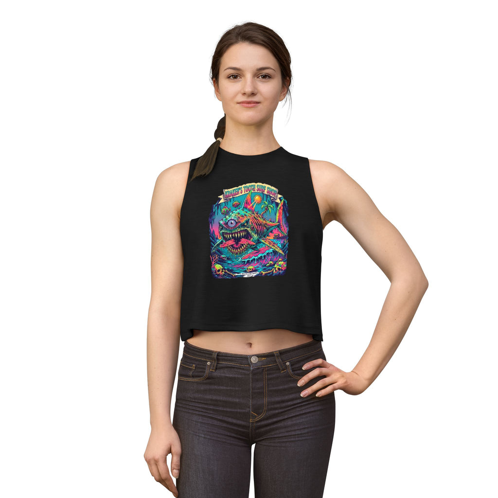 Tooth and Pixel- 'Kraken's Surf Shop'— Neon Neo punk surf, Shark, Monster Graphic Women's Crop Top.