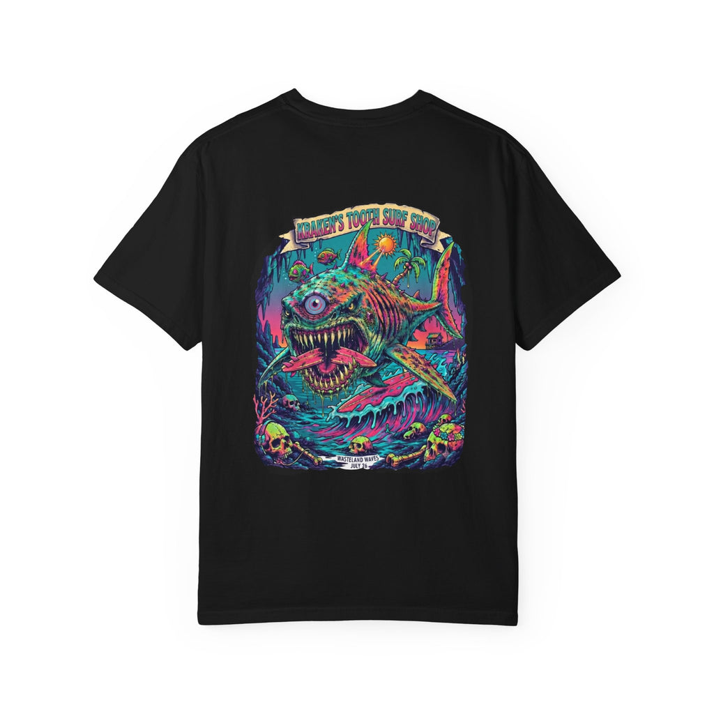 Tooth and Pixel- 'Kraken's Surf Shop'— Neon Neo punk surf, Shark, Monster, Large design T-shirt.
