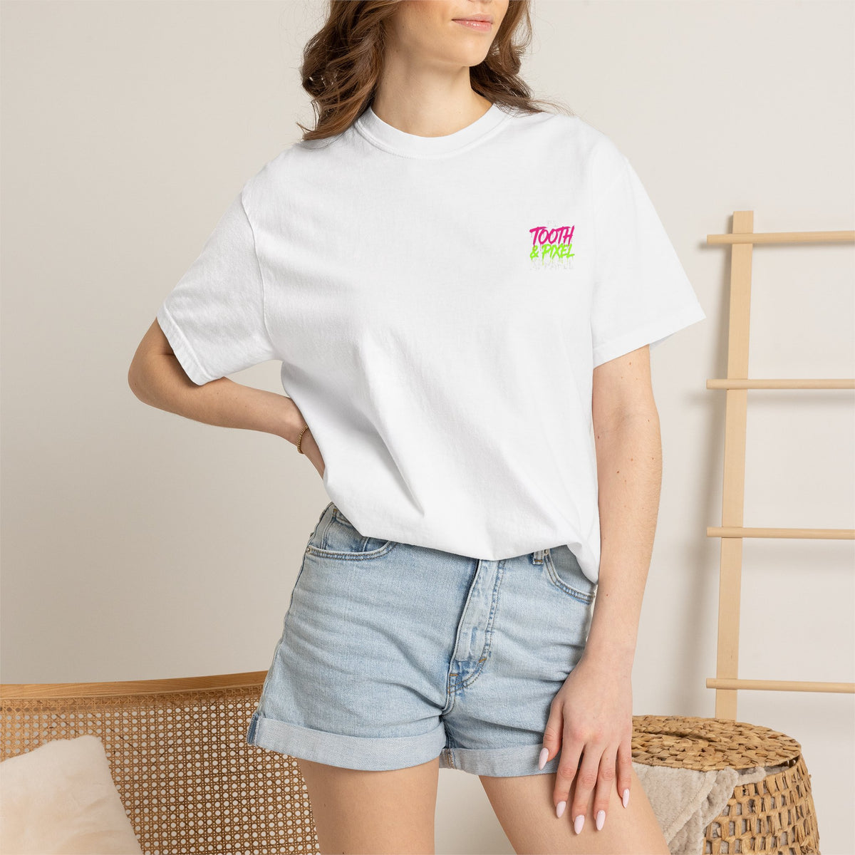 Tooth and Pixel- 'Kraken's Surf Shop'— Neon Neo punk surf, Shark, Monster, Large design T-shirt.