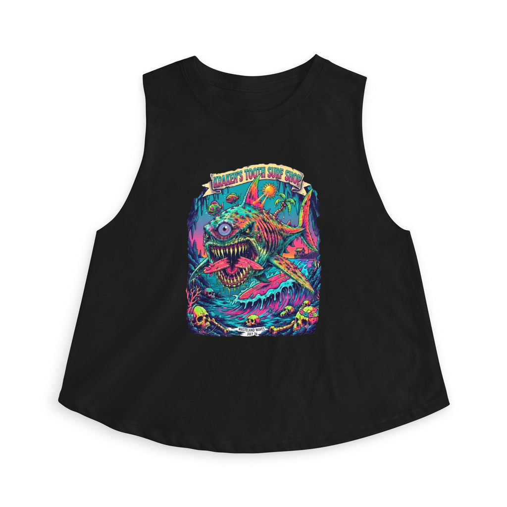 Tooth and Pixel- 'Kraken's Surf Shop'— Neon Neo punk surf, Shark, Monster Graphic Women's Crop Top.