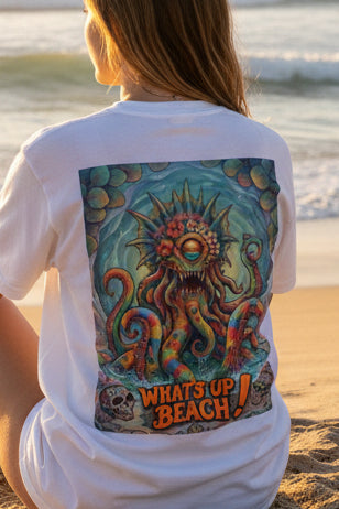 Tooth and Pixel - Beach Cthulhu T-Shirt — "What's Up Beach!" Graphic Tee-Paety joke, Hilarious.