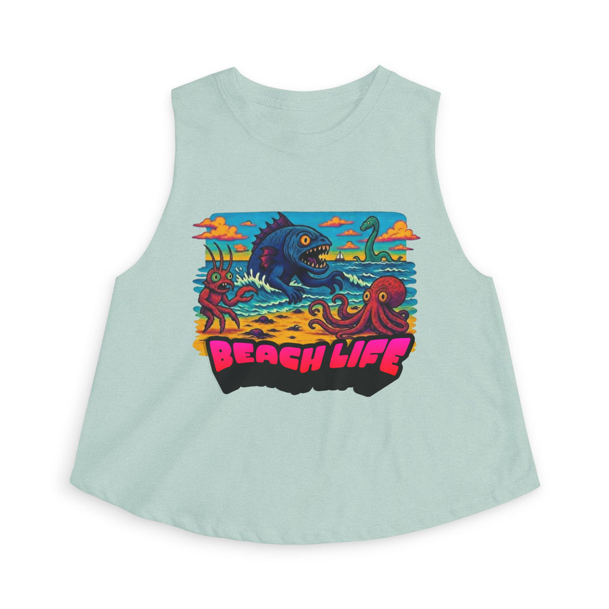T&P- Funny Whimsical Beach Life Crop Top — Retro Surf Monster Graphic Tank for Summer