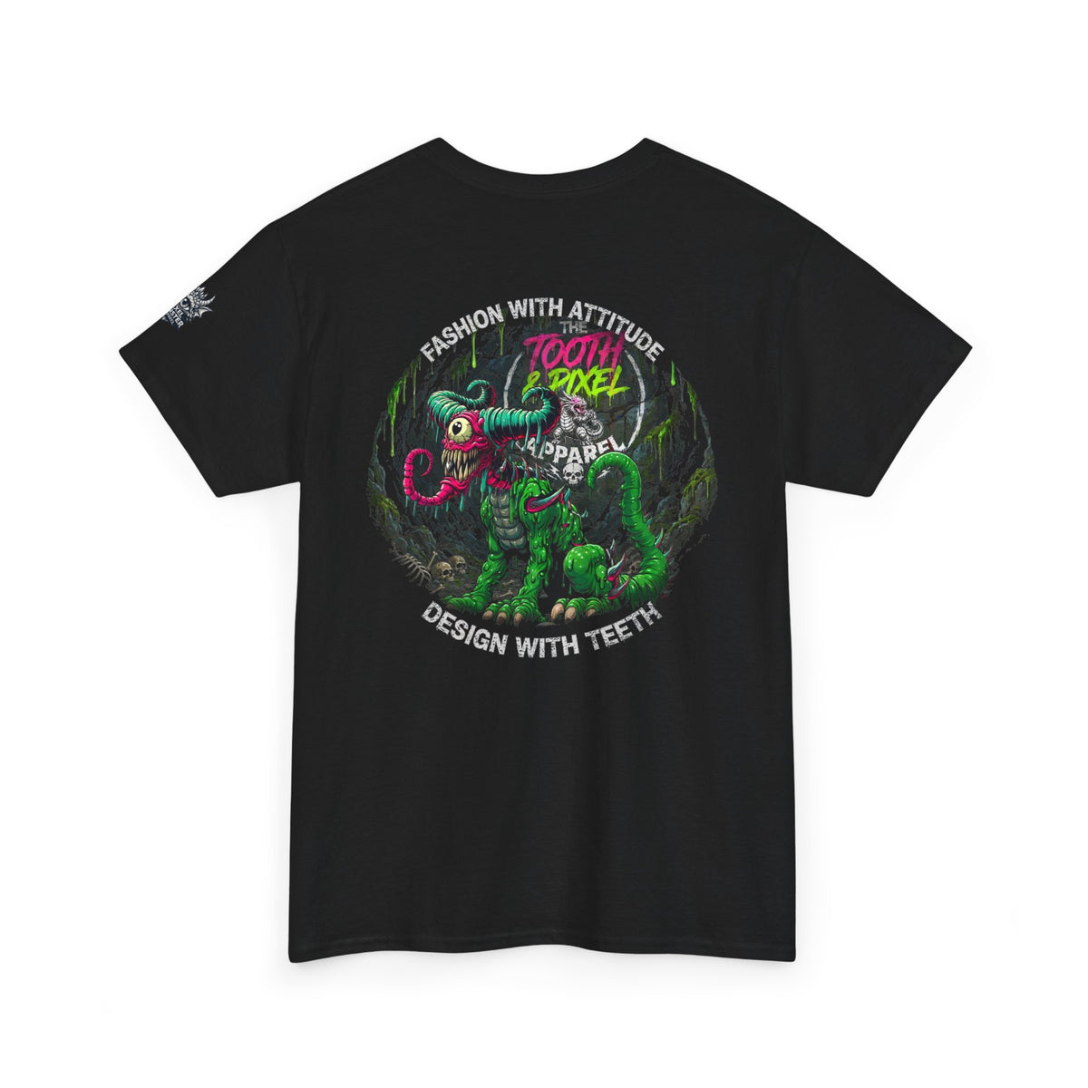 T&P- 'Ike' Green Cave Creature with Tooth and Pixel Logo. Unisex Adult Tee.