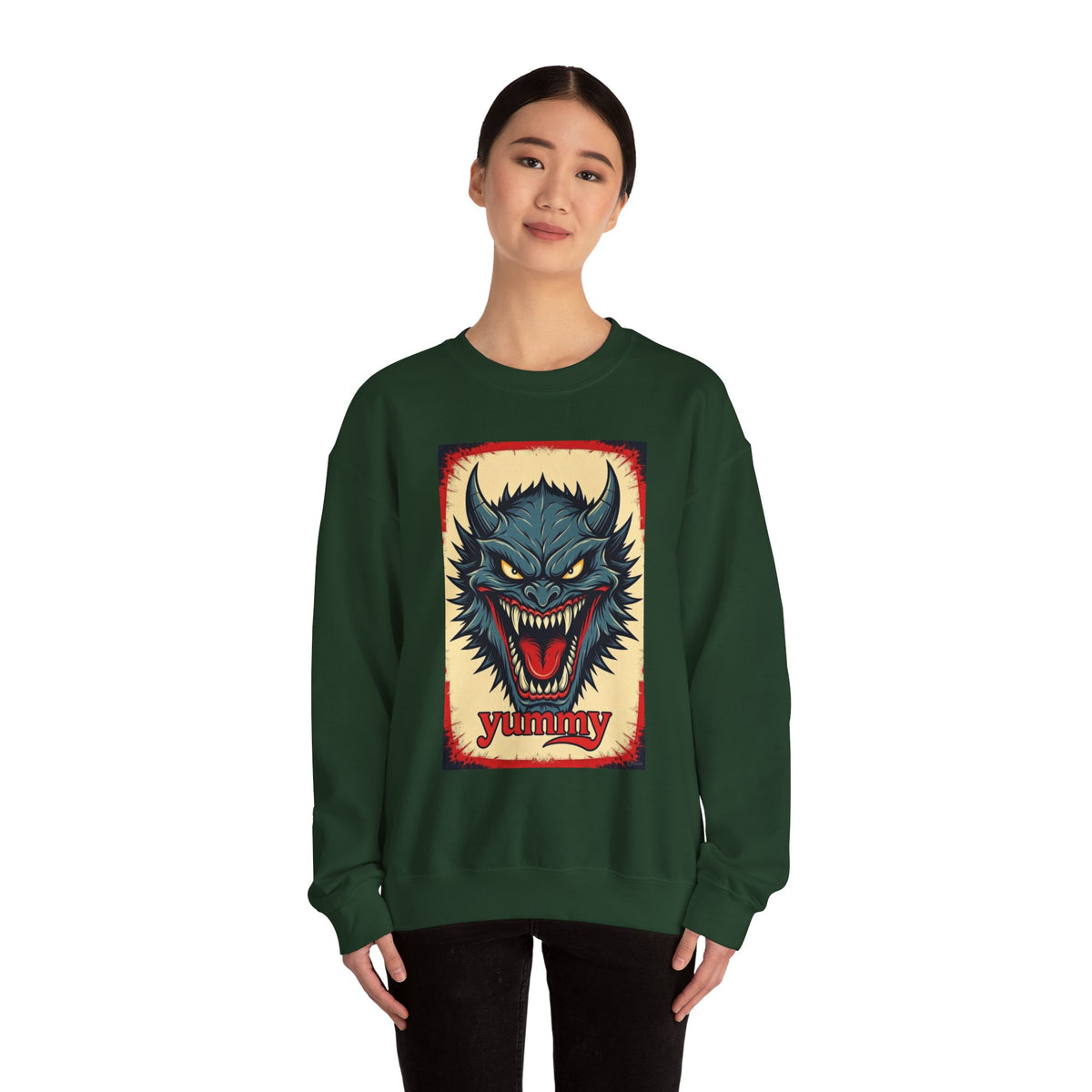 Blue Beast Crewneck Sweatshirt — "Yummy, Blue beast" Graphic