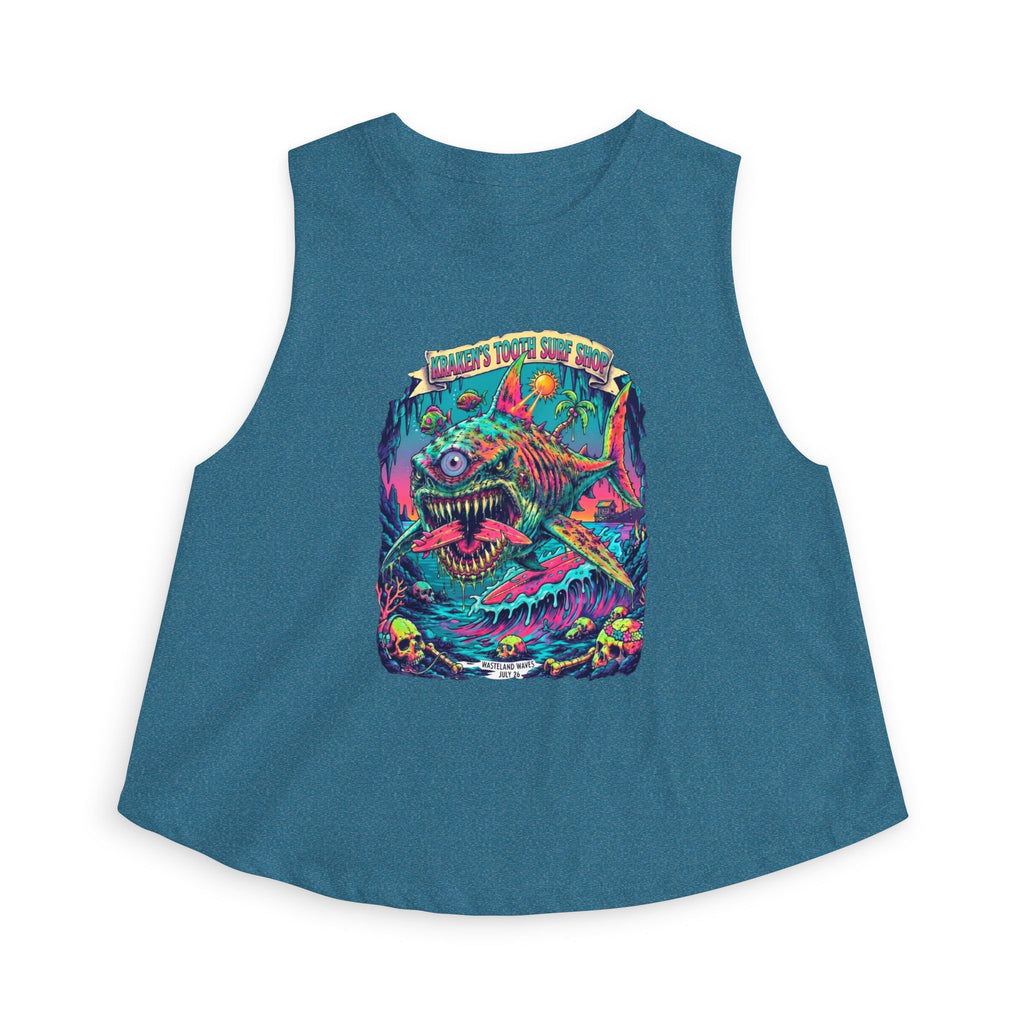 Tooth and Pixel- 'Kraken's Surf Shop'— Neon Neo punk surf, Shark, Monster Graphic Women's Crop Top.