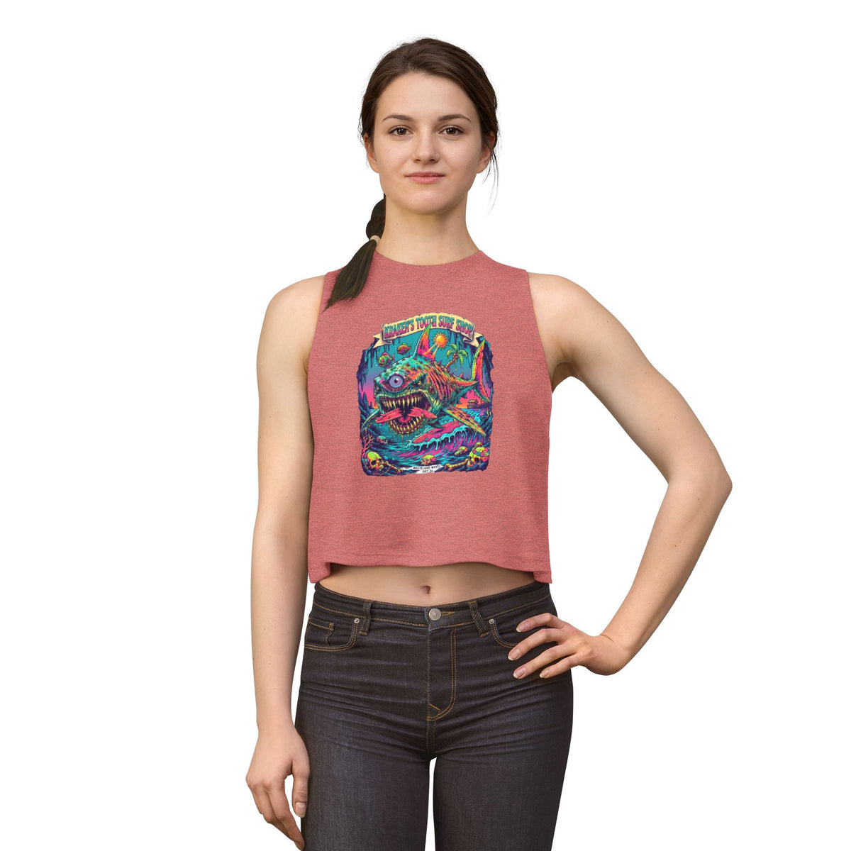 Tooth and Pixel- 'Kraken's Surf Shop'— Neon Neo punk surf, Shark, Monster Graphic Women's Crop Top.