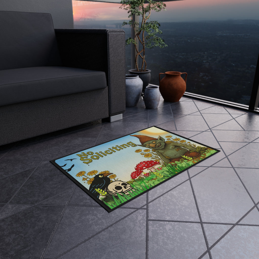 No Soliciting Outdoor Rug — Whimsical Garden Gnome Doormat