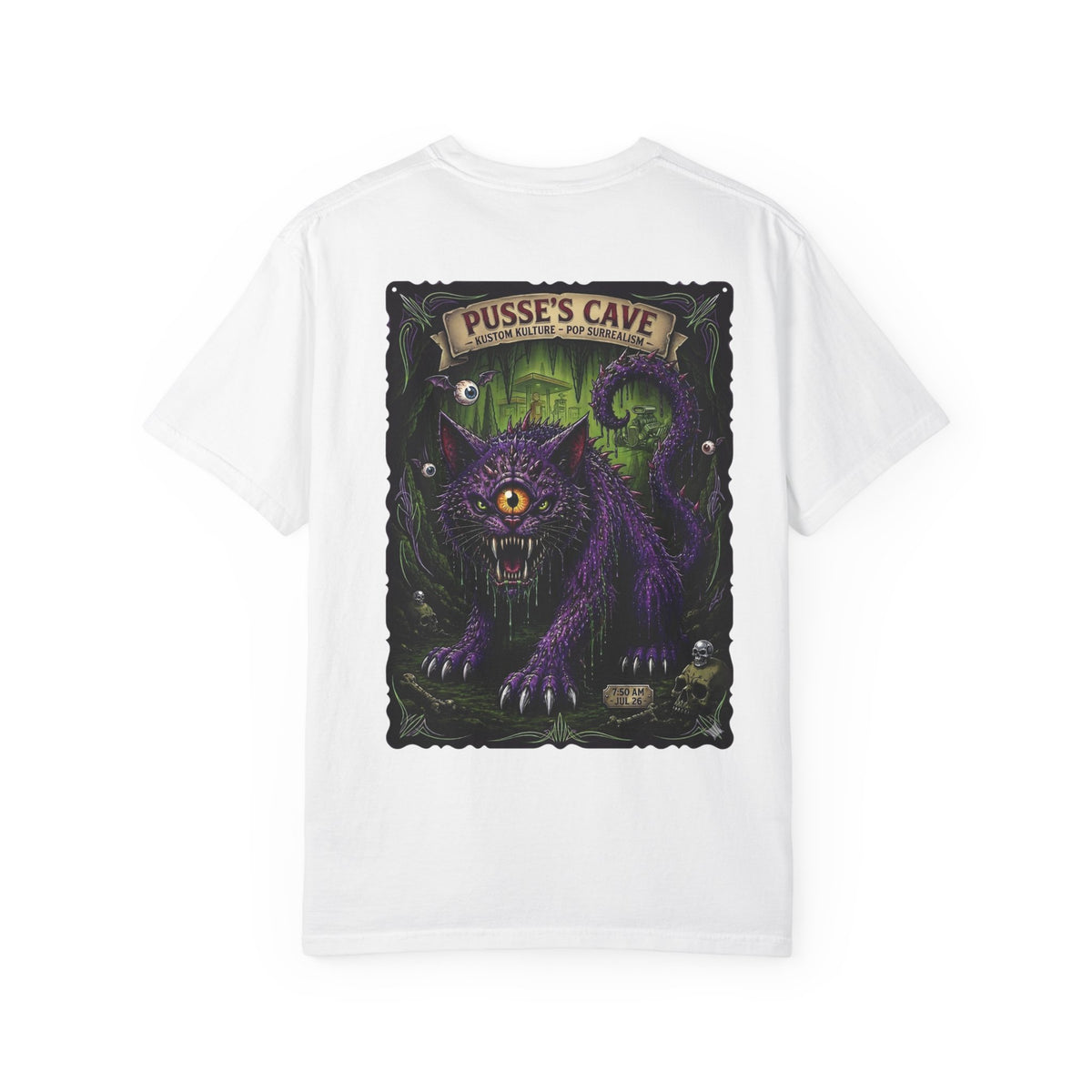 Tooth and Pixel -' Pusse's Cave' Cyclops Cat T-Shirt — Retro Horror Pet Poster Tee