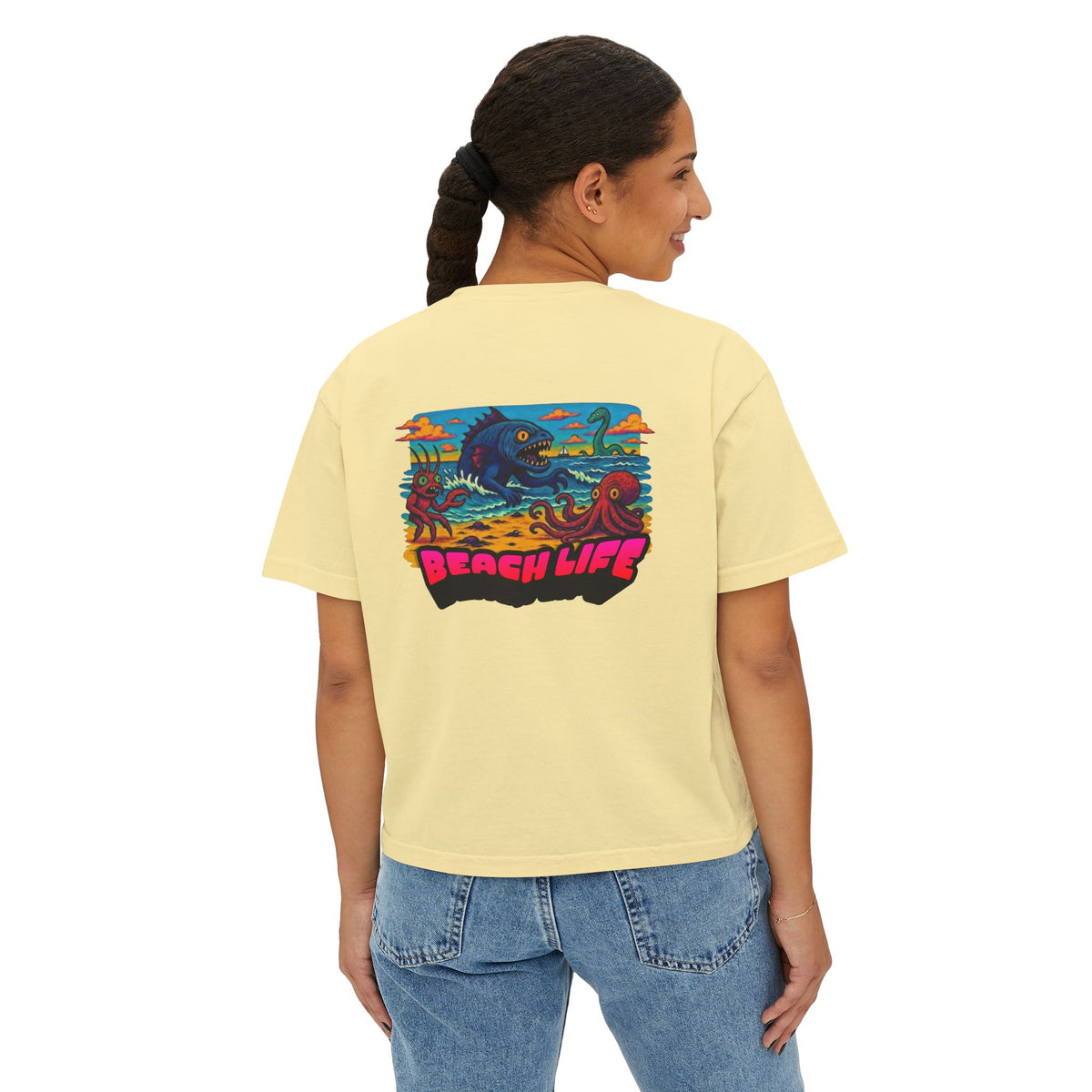 T&P- Whimsical Beach Life Women's Boxy Tee — Funny Scary Sea Creatures Vacation Shirt