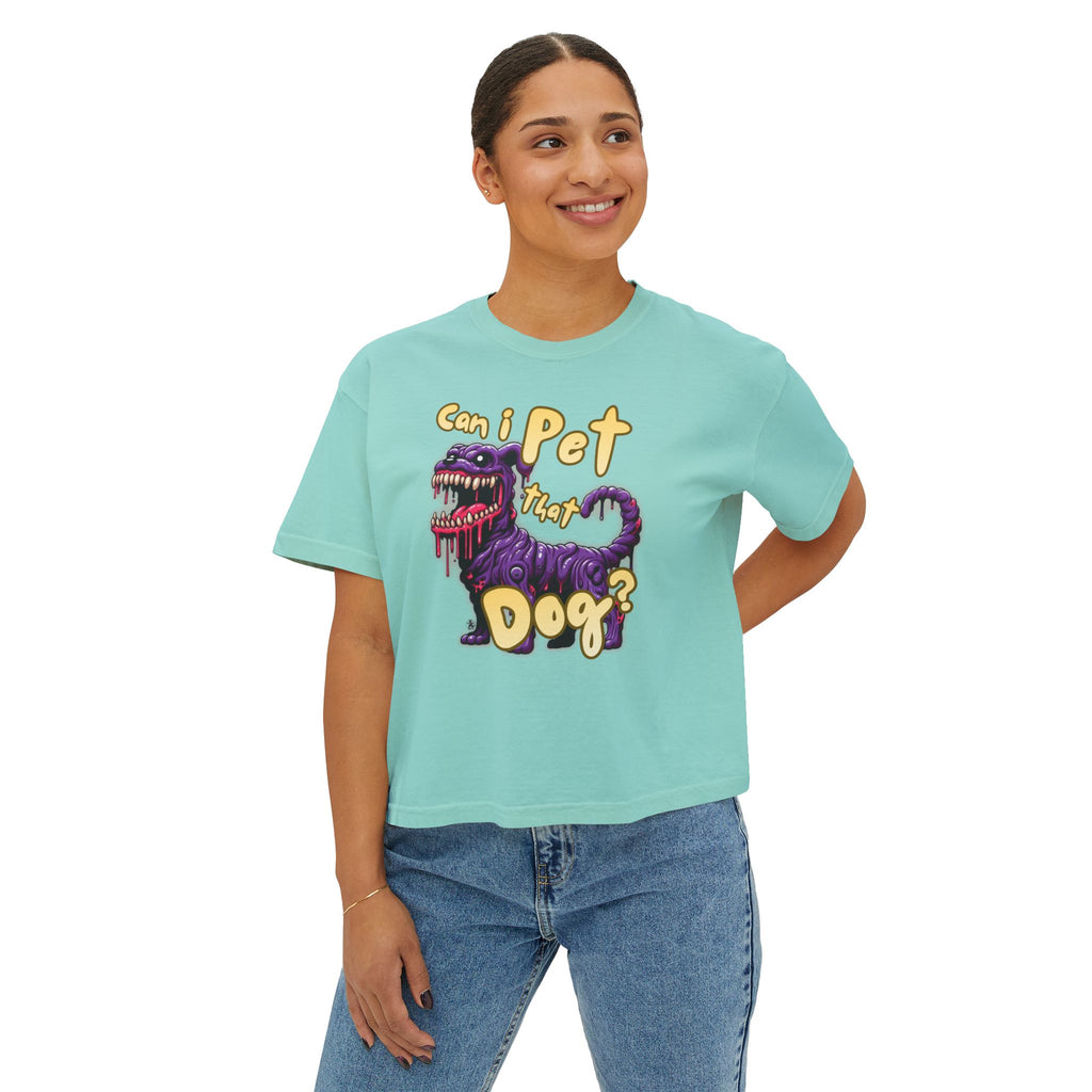 T&P- 'Can I Pet That Dog?'  Women's Boxy Tee – Cute yet Creepy Purple Monster Dog Graphic