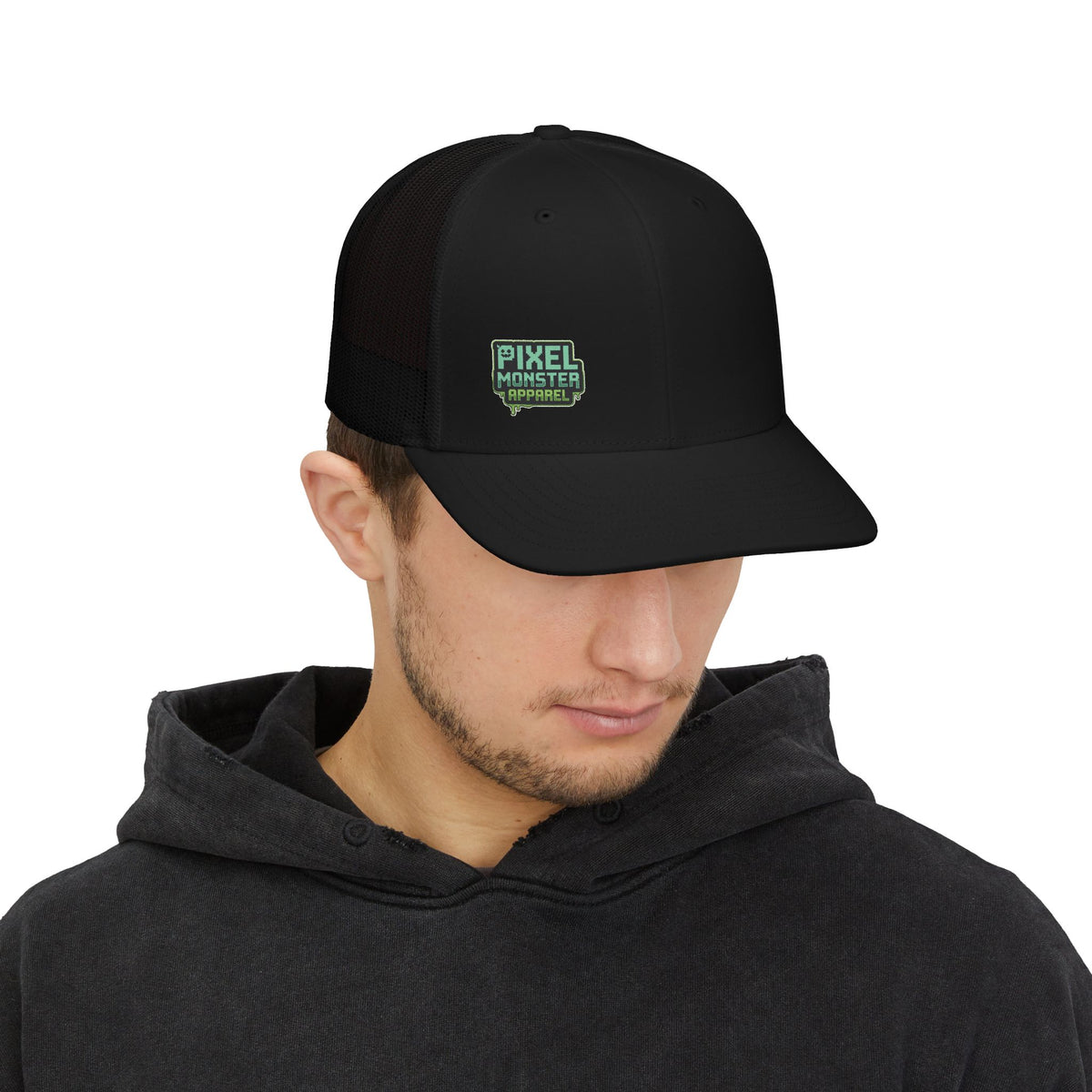 Pixel Monster Trucker Cap – Retro Gaming Snapback Hat