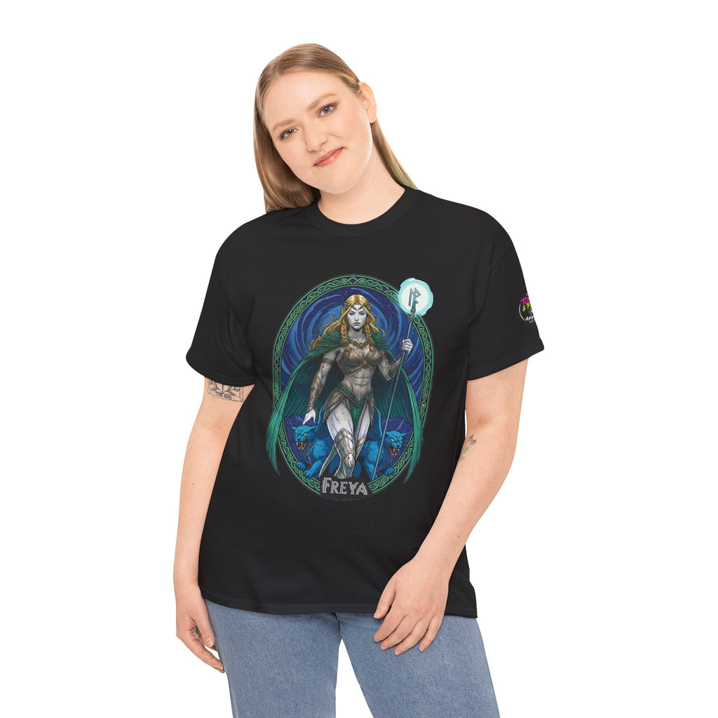 Tooth and Pixel - Freya Norse Goddess T‑Shirt — Mythic Valkyrie Graphic Tee with Sleeve Logo