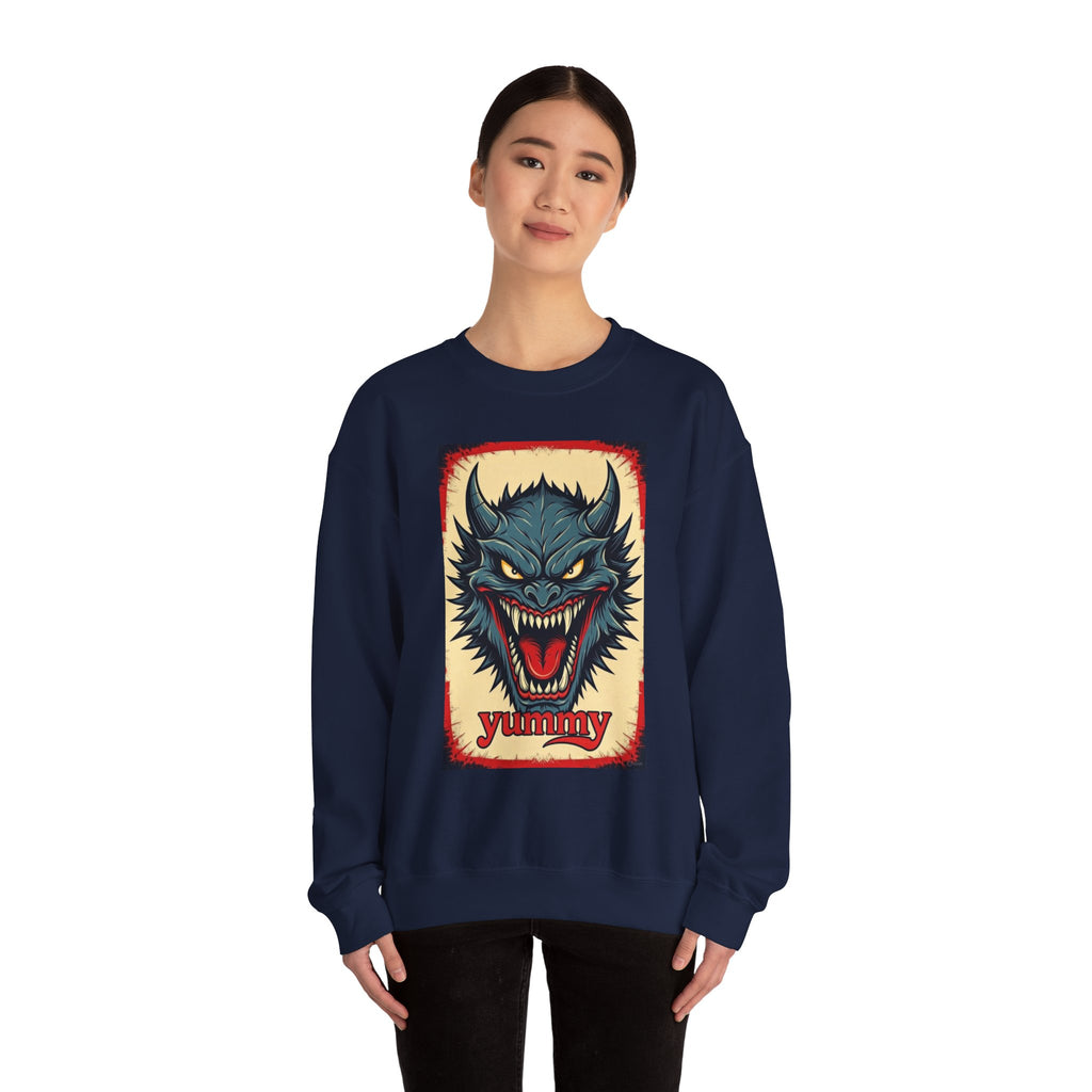 Blue Beast Crewneck Sweatshirt — "Yummy, Blue beast" Graphic