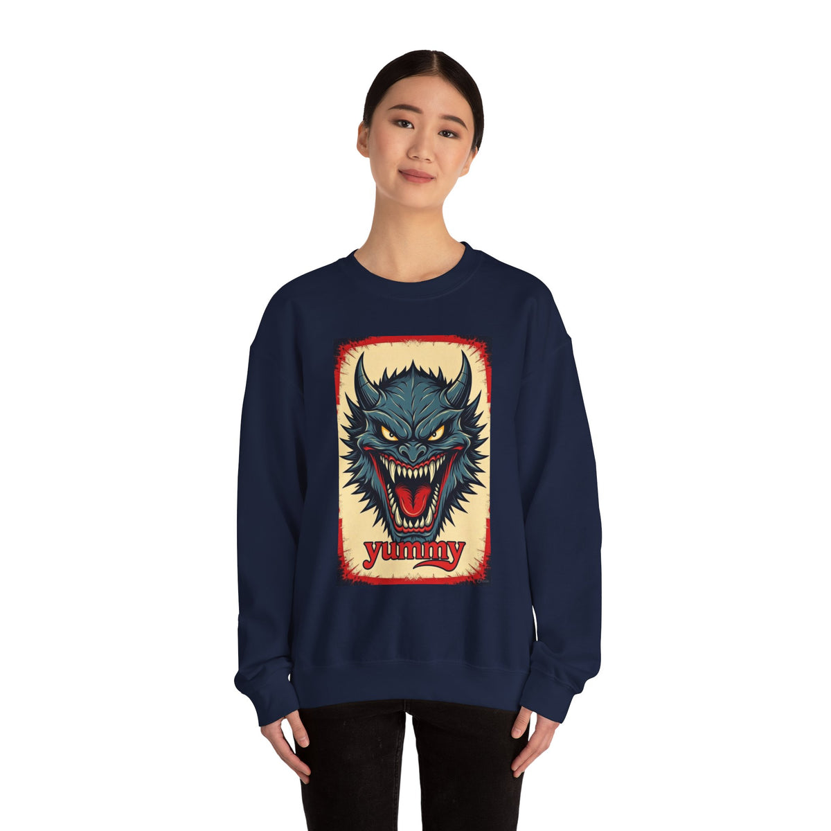 Blue Beast Crewneck Sweatshirt — "Yummy, Blue beast" Graphic