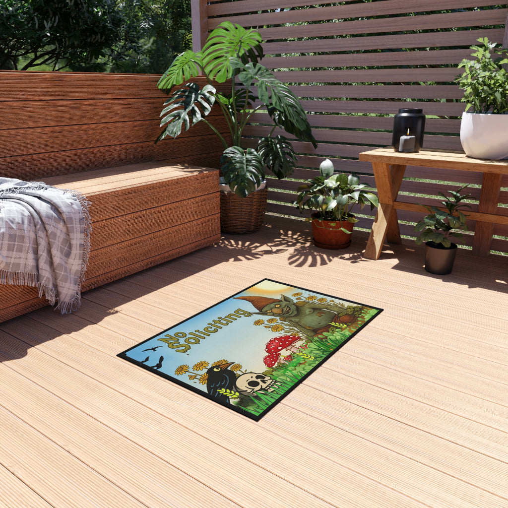 No Soliciting Outdoor Rug — Whimsical Garden Gnome Doormat