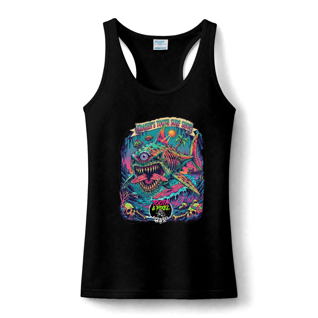 Tooth and Pixel- 'Kraken's Surf Shop'— Neo punk surf, Shark, Monster, Ladies beach or workout wear.