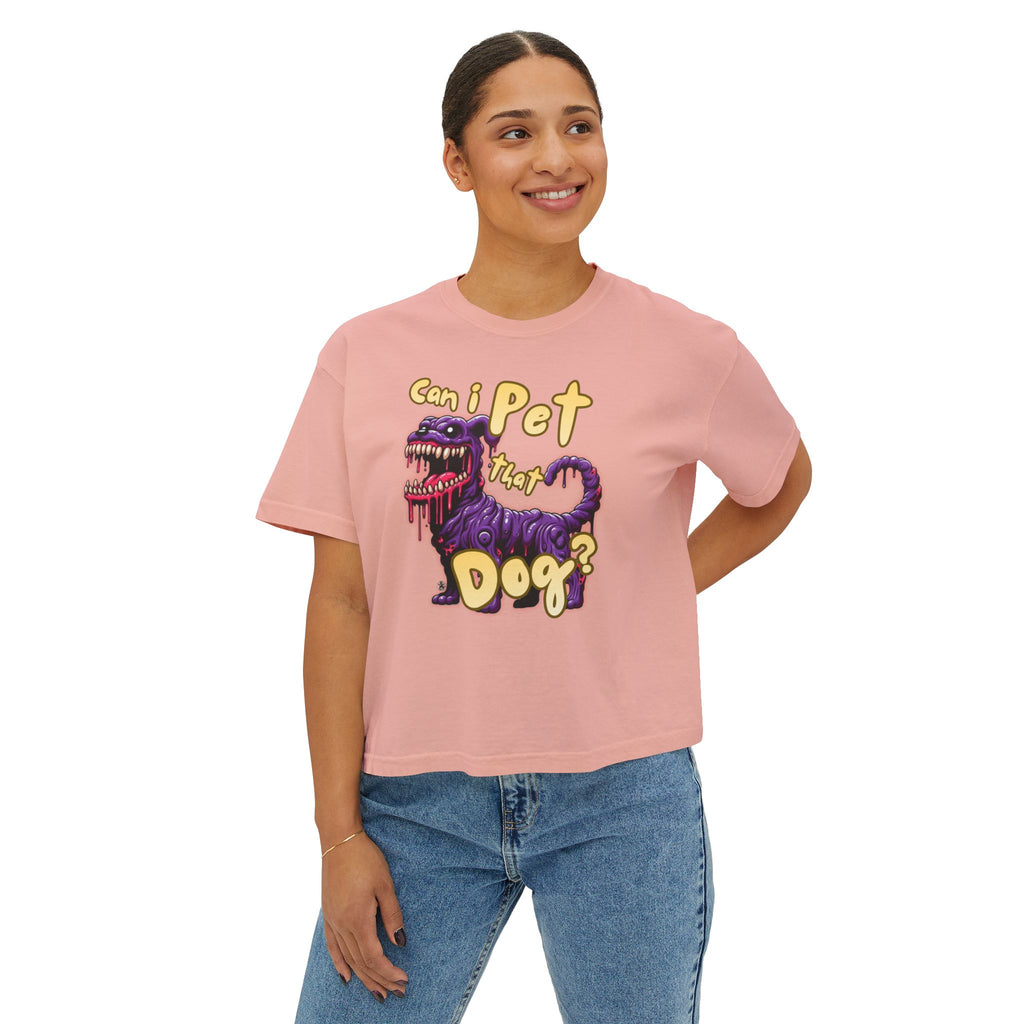 T&P- 'Can I Pet That Dog?'  Women's Boxy Tee – Cute yet Creepy Purple Monster Dog Graphic