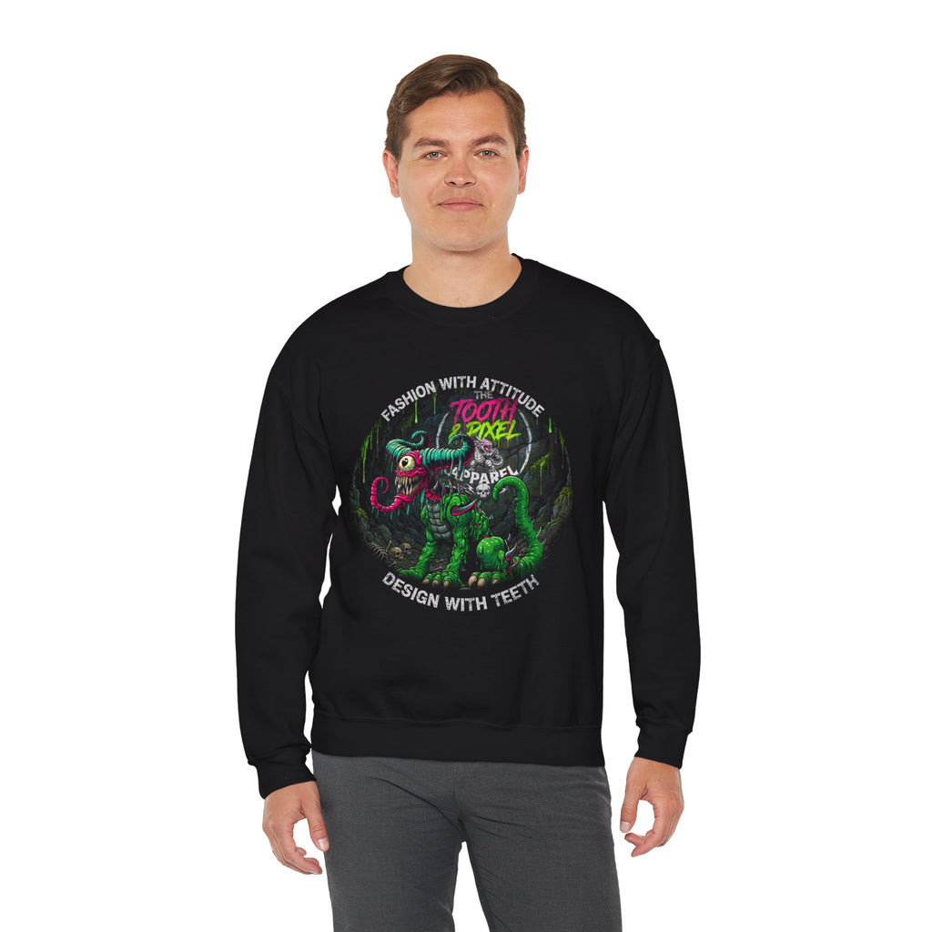 Tooth and Pixel- 'Ike'- Crewneck Sweatshirt — Cave Dwelling Green Cyclops with Logo.