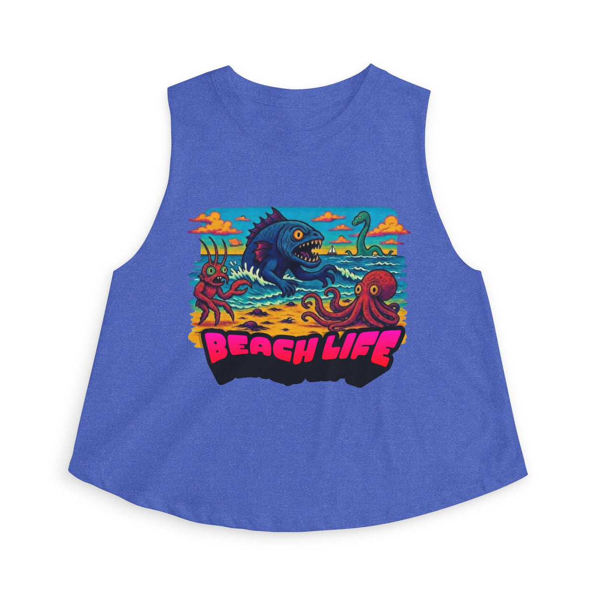 T&P- Funny Whimsical Beach Life Crop Top — Retro Surf Monster Graphic Tank for Summer
