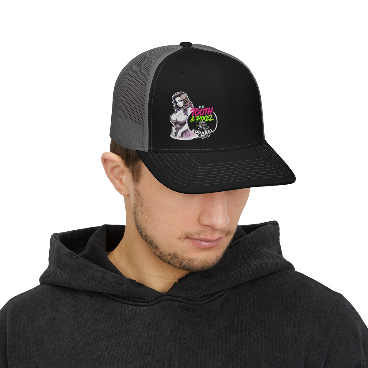 T&P-Retro Pin-Up peeking from behind The Tooth and Pixel Logo- Snapback Baseball Hat