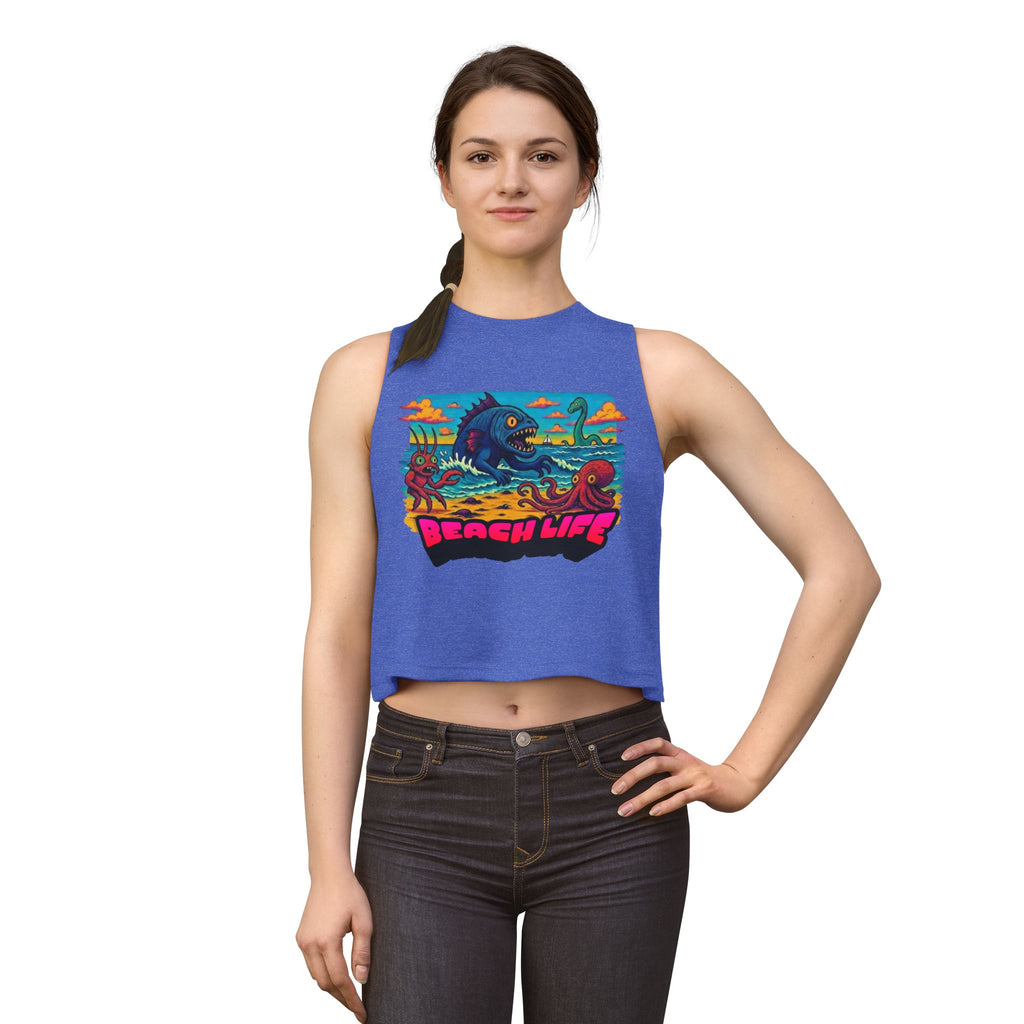 T&P- Funny Whimsical Beach Life Crop Top — Retro Surf Monster Graphic Tank for Summer