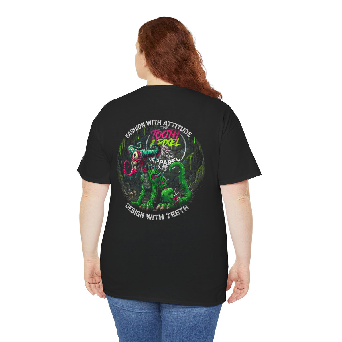 T&P- 'Ike' Green Cave Creature with Tooth and Pixel Logo. Unisex Adult Tee.