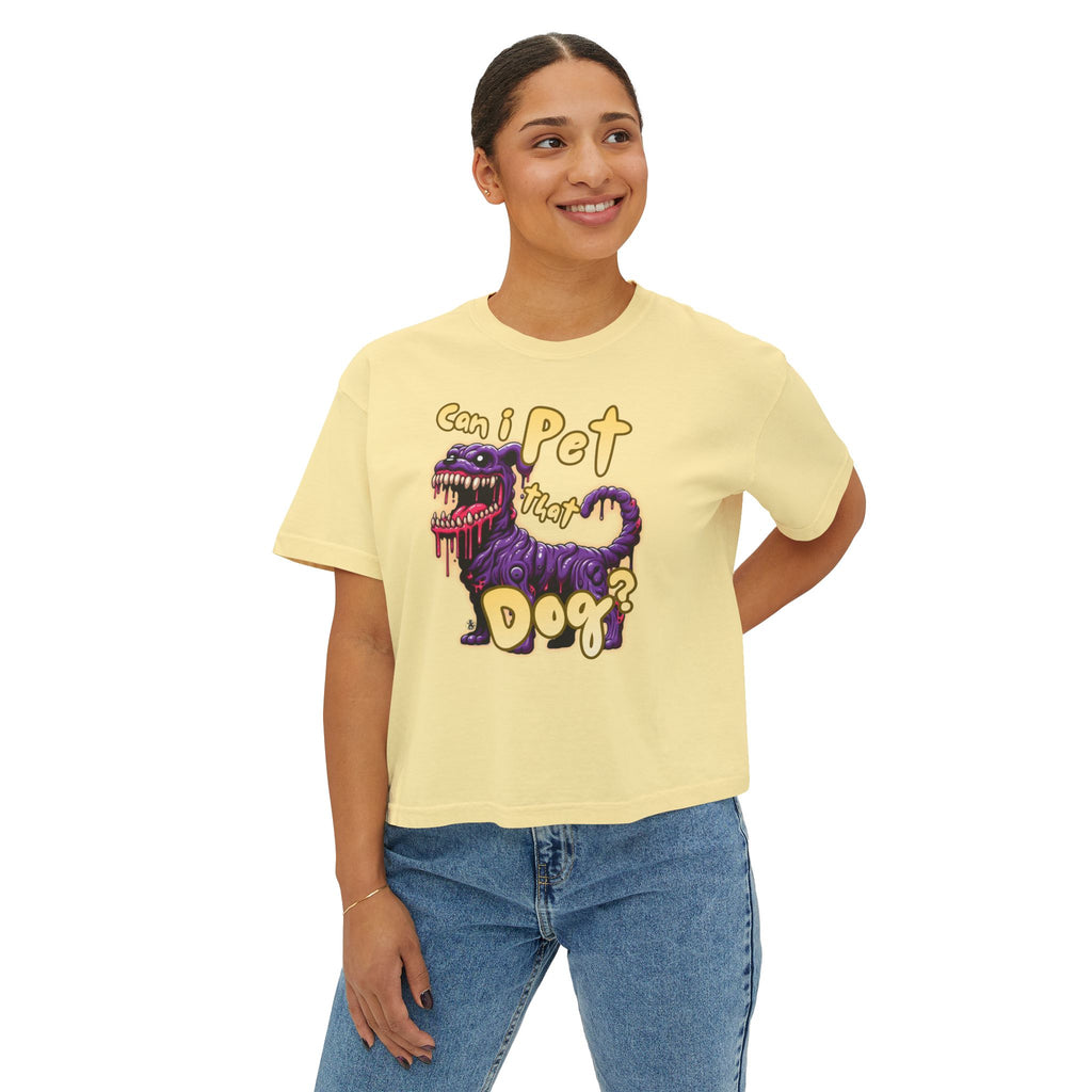 T&P- 'Can I Pet That Dog?'  Women's Boxy Tee – Cute yet Creepy Purple Monster Dog Graphic