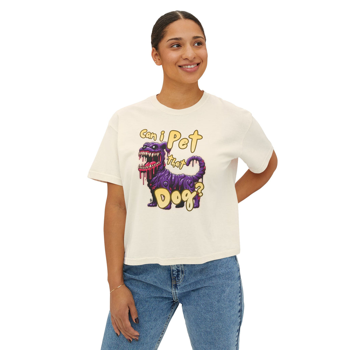 T&P- 'Can I Pet That Dog?'  Women's Boxy Tee – Cute yet Creepy Purple Monster Dog Graphic