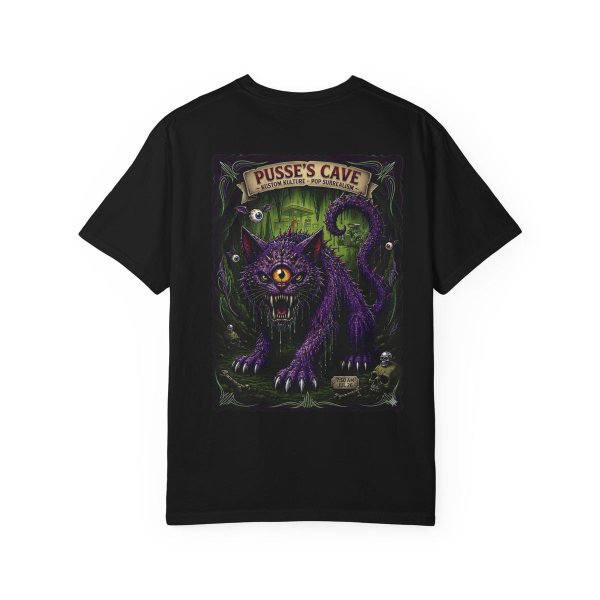 Tooth and Pixel -' Pusse's Cave' Cyclops Cat T-Shirt — Retro Horror Pet Poster Tee