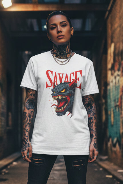 Savage Demon Graphic Tee — Fierce Retro Cat Illustration T‑Shirt