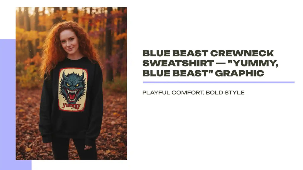 Blue Beast Crewneck Sweatshirt &mdash; "Yummy, Blue beast" Graphic by@Outfy